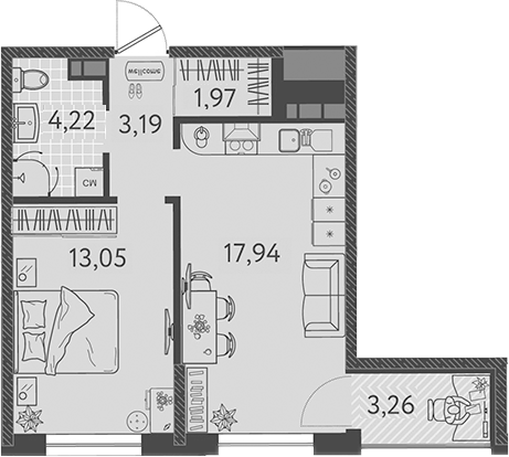 2-комн., 40.37 м², 7/9 этаж, ЖК «Друзья»