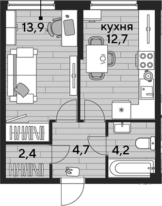 1-комн., 37.9 м², 2/16 этаж, ЖК «DОГМА ПАРК»