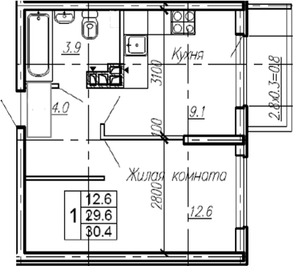 1-комн., 29.6 м², 3/4 этаж, ЖК «Эво»