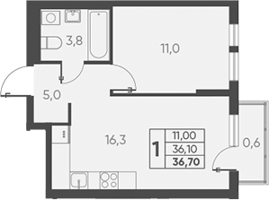 2-комн., 36.1 м², 15/15 этаж, ЖК «Барса»