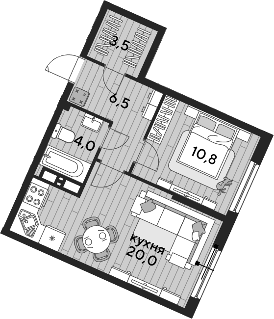1-комн., 44.8 м², 11/19 этаж, ЖК «DОГМА ПАРК»