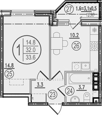 1-комн., 32 м², 6/9 этаж, ЖК «Спортивная деревня»