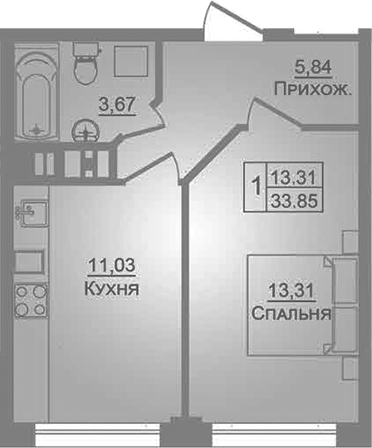 1-комн., 33.85 м², 2/9 этаж, ЖК «Портрет»