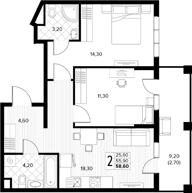 2-комн., 55.9 м², 2/8 этаж, ЖК «Кипарис»