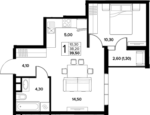 1-комн., 38.2 м², 3/7 этаж, ЖК «Кипарис»