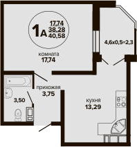 1-комн., 38.28 м², 2/24 этаж, ЖК «Гулливер»