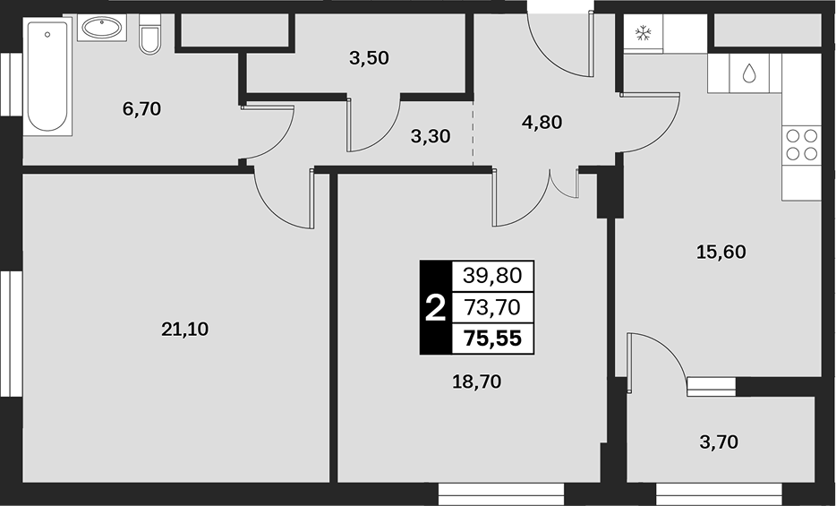 2-комн., 73.7 м², 7/9 этаж, ЖК «Аксис Патриот»