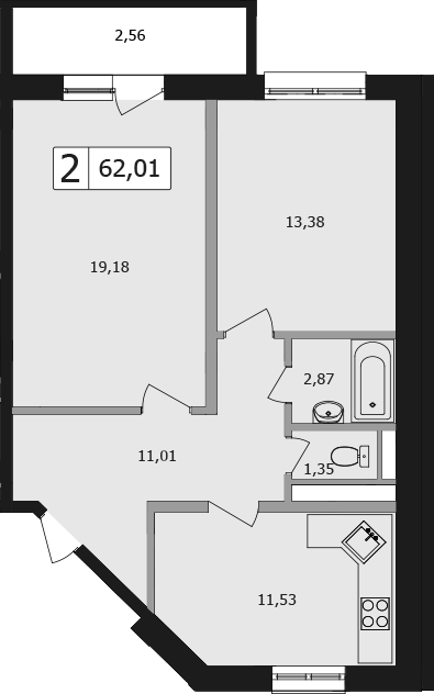 2-комн., 61.9 м², 6/16 этаж, ЖК «Жемчужина»