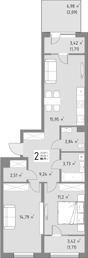 2-комн., 60.26 м², 3/9 этаж, ЖК «Коллекция»