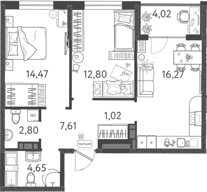 3-комн., 59.62 м², 3/9 этаж, ЖК «Друзья»