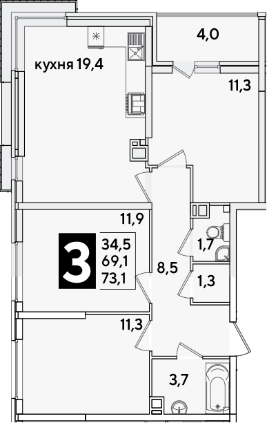 4+ комнаты, 69.1 м², 2/16 этаж, ЖК «Самолет»