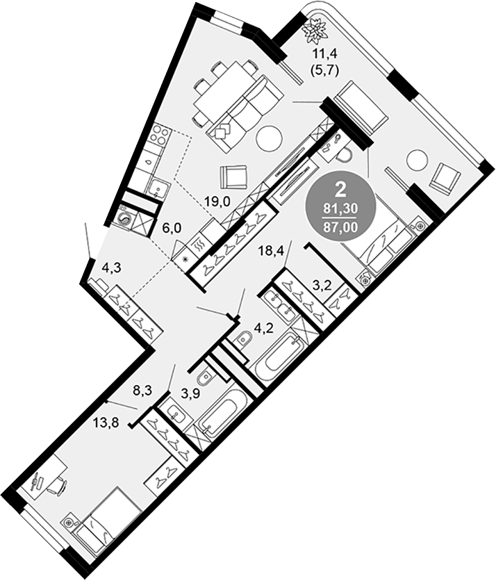 3-комн., 81.3 м², 1/4 этаж, ЖК «Клубный дом премиум класса Моретта»