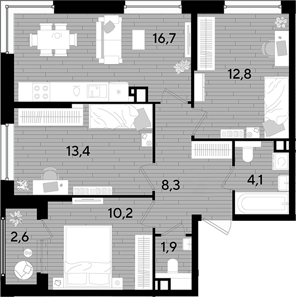 3-комн., 67.4 м², 8/16 этаж, ЖК «DОГМА ПАРК»