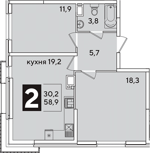 3-комн., 58.9 м², 11/16 этаж, ЖК «Самолет»