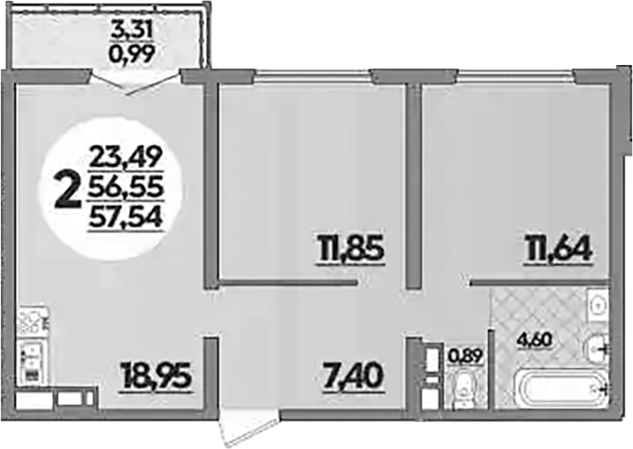 2-комн., 56.55 м², 14/16 этаж, ЖК «Город у моря»