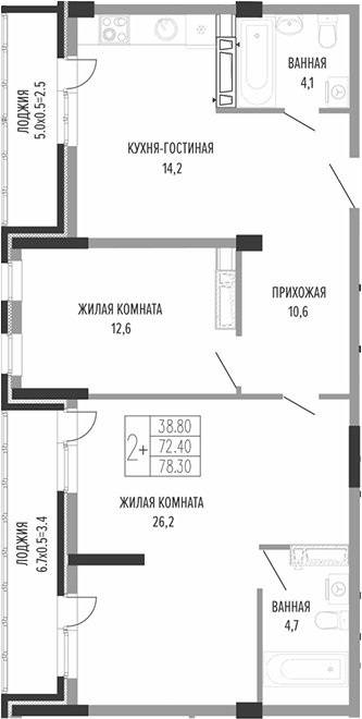 3-комн., 72.4 м², 3/3 этаж, ЖК «Екатерининский парк»