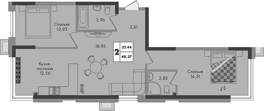 2-комн., 68.37 м², 4/9 этаж, ЖК «Зеленая территория»
