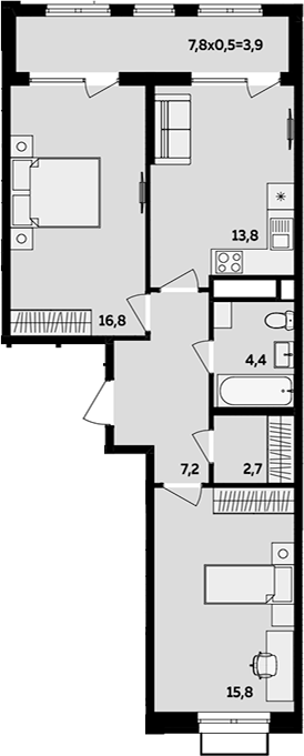 2-комн., 60.7 м², 16/16 этаж, ЖК «МегаСити»
