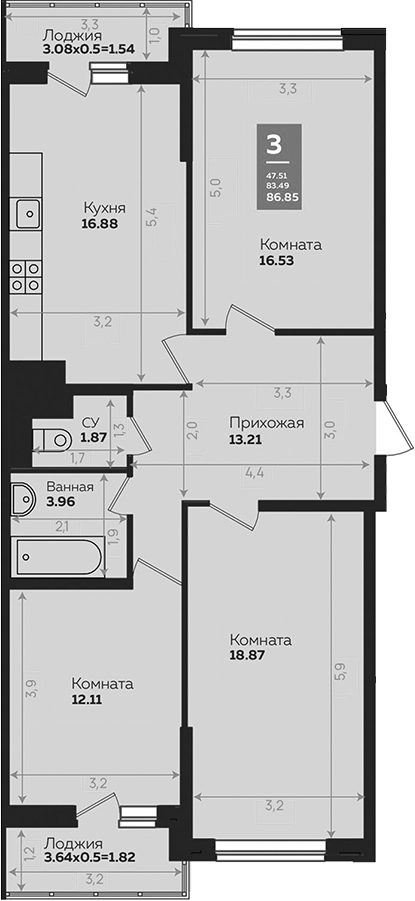3-комн., 83.69 м², 19/24 этаж, ЖК «Левада»