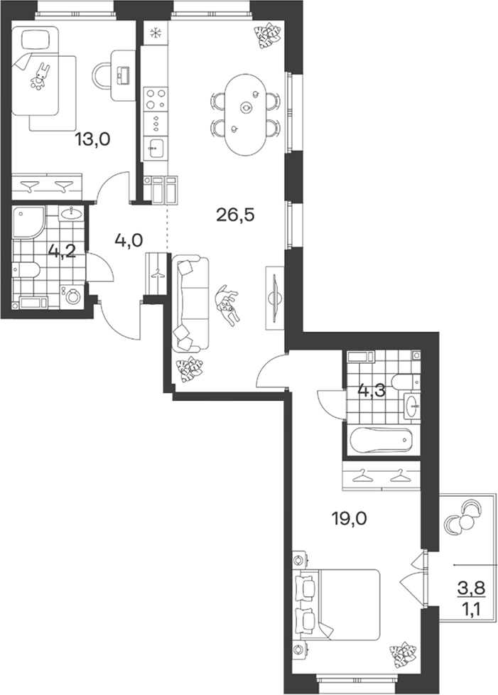 3-комн., 71 м², 3/6 этаж, ЖК «Символ. ГК Трест»