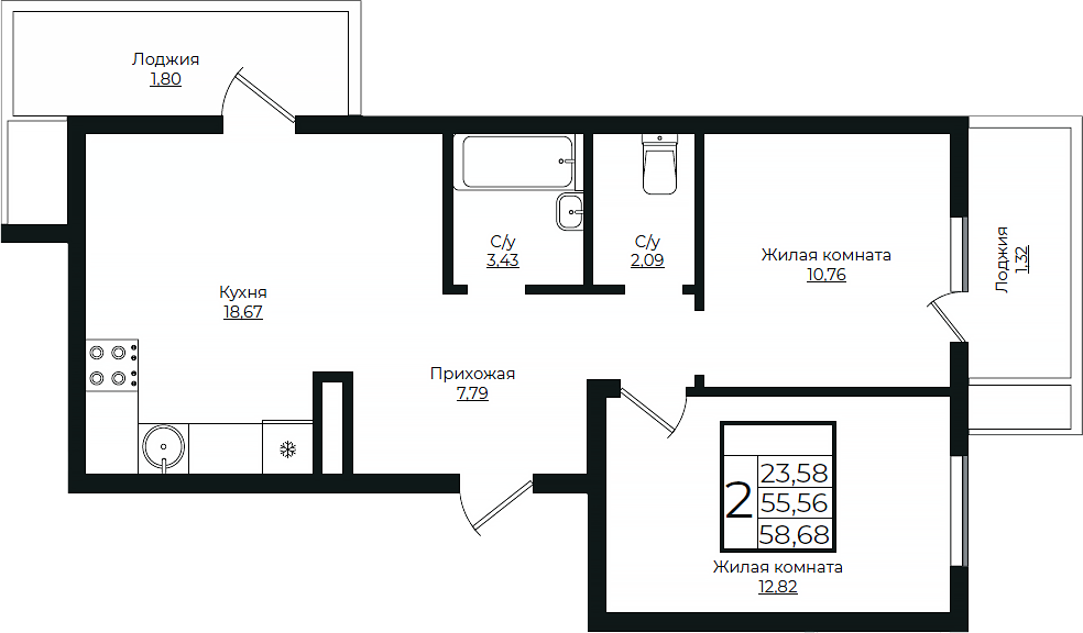 3-комн., 55.56 м², 7/10 этаж, ЖК «Европа-Сити»