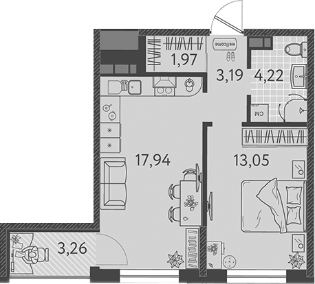 2-комн., 40.37 м², 5/9 этаж, ЖК «Друзья»