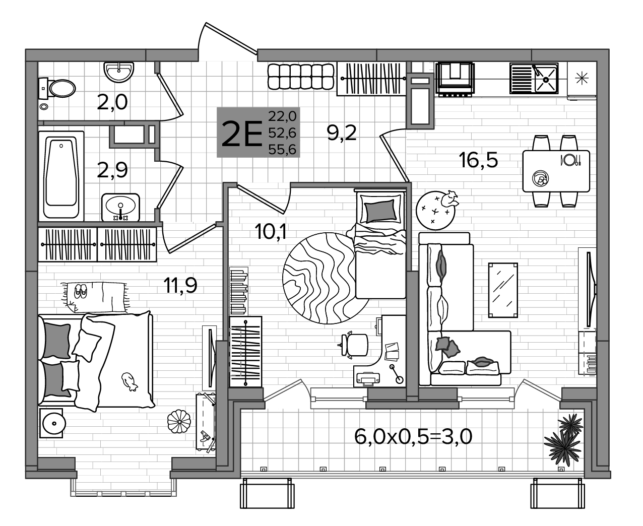 3-комн., 52.6 м², 13/16 этаж, ЖК «Сармат»