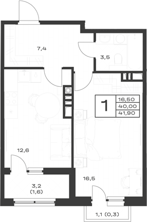 1-комн., 40 м², 4/4 этаж, ЖК «ЭкоСфера. ГК Во-первых»