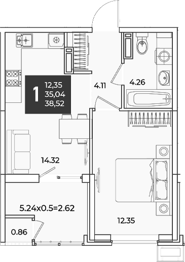 1-комн., 35.04 м², 17/18 этаж, ЖК «Образцово»