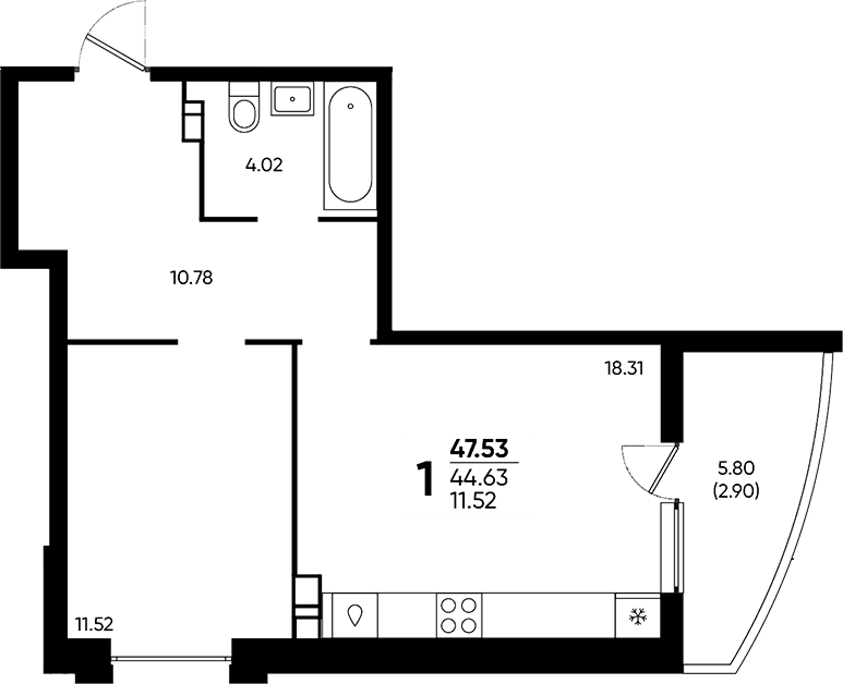 1-комн., 44.63 м², 9/18 этаж, ЖК «Достояние»