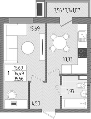 1-комн., 34.49 м², 2/8 этаж, ЖК «Сады у моря»