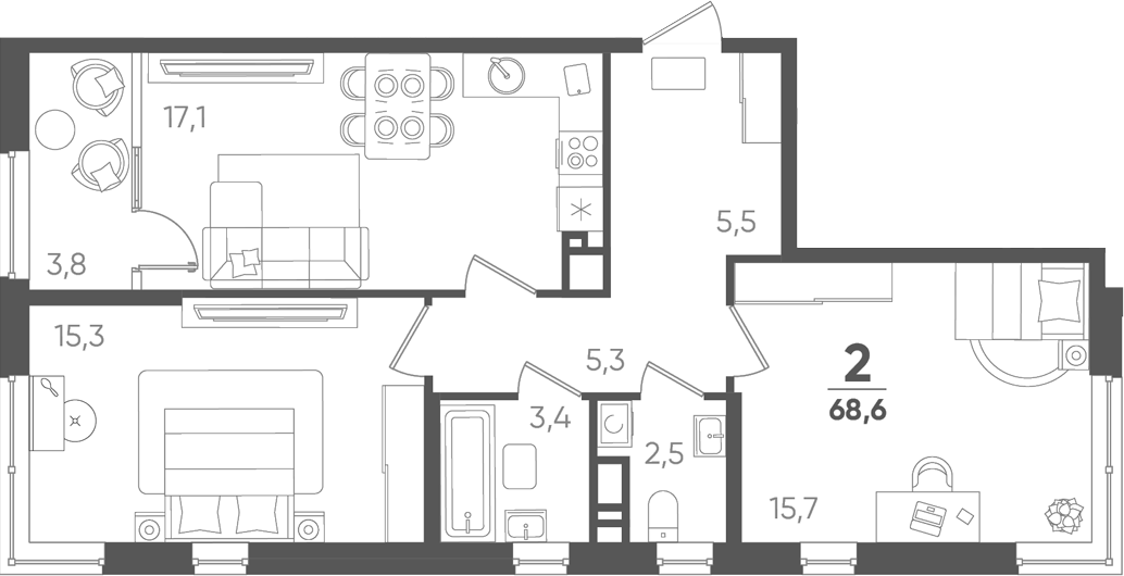 2-комн., 64.8 м², 9/18 этаж, ЖК «Барса»