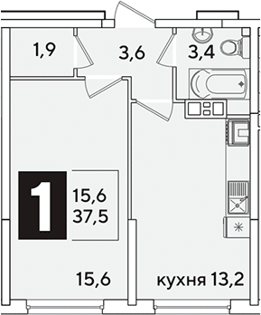 1-комн., 37.5 м², 9/16 этаж, ЖК «Самолет»