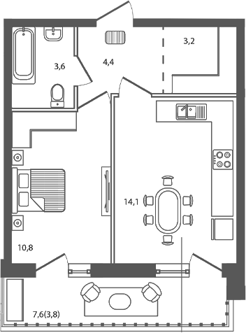 1-комн., 36.1 м², 1/9 этаж, ЖК «Сиреневый бульвар»