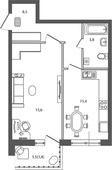 1-комн., 39.6 м², 7/9 этаж, ЖК «Сиреневый бульвар»