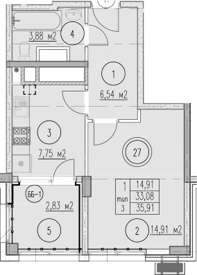 1-комн., 33.08 м², 5/10 этаж, ЖК «Agoy Park Residence by Lavicon»