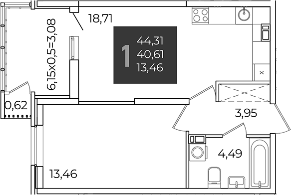 1-комн., 40.61 м², 6/21 этаж, ЖК «Образцово»