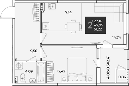 1-комн., 47.95 м², 2/18 этаж, ЖК «Образцово»
