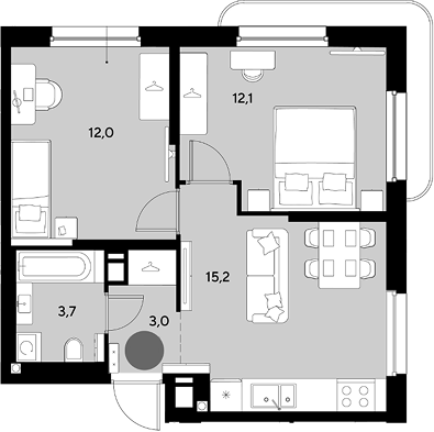 3-комн., 46 м², 13/16 этаж, ЖК «Грейд»