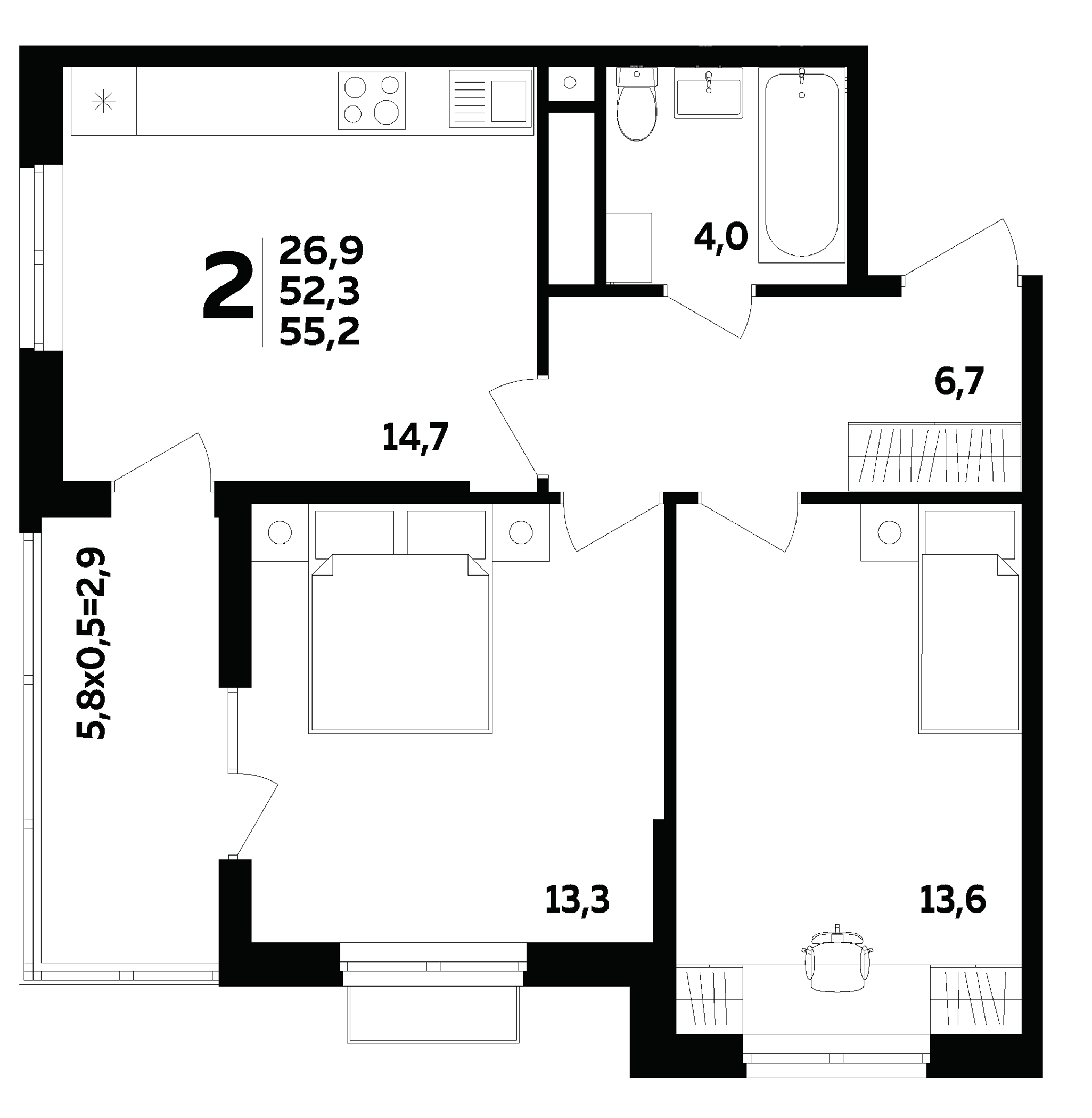 2-комн., 52.3 м², 12/16 этаж, ЖК «МегаСити»