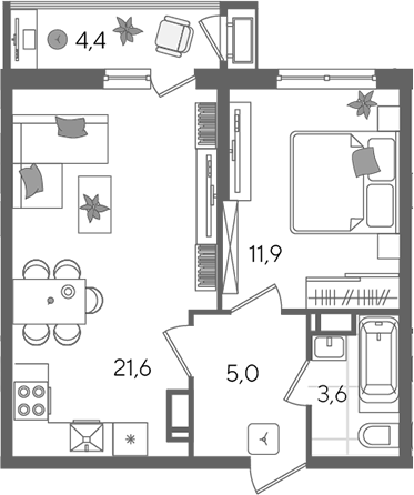2-комн., 42.1 м², 16/24 этаж, ЖК «Рекорд»
