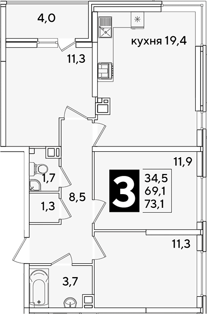4+ комнаты, 69.1 м², 5/16 этаж, ЖК «Самолет»