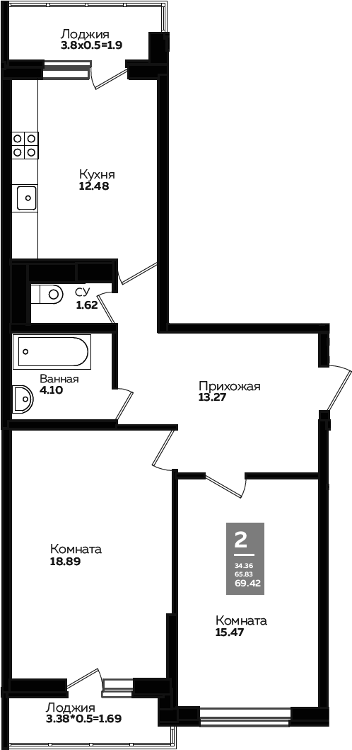 2-комн., 62.21 м², 20/24 этаж, ЖК «Левада»