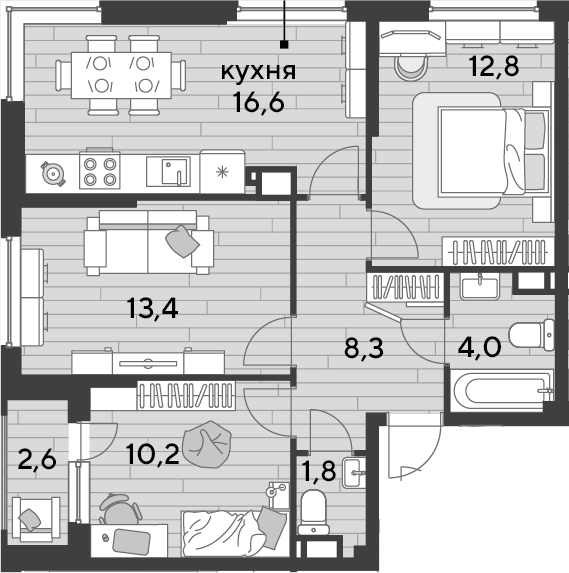 3-комн., 67.1 м², 14/16 этаж, ЖК «DОГМА ПАРК»