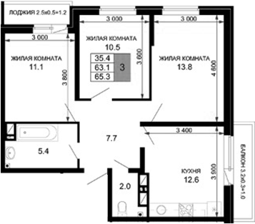 3-комн., 63.1 м², 16/16 этаж, ЖК «Дыхание»