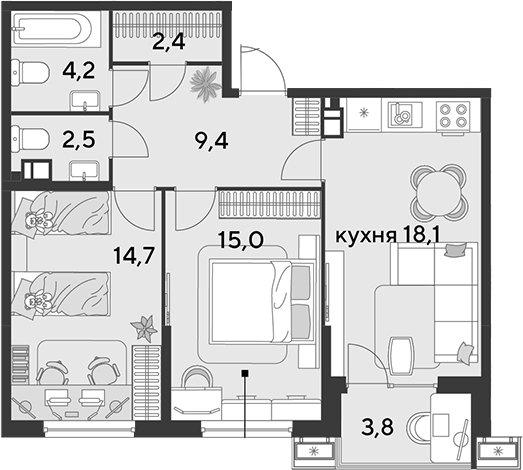 3-комн., 66.3 м², 5/9 этаж, ЖК «Парк Победы»