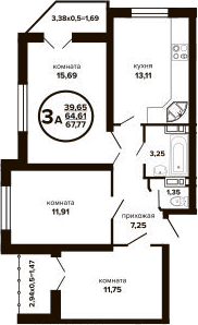 3-комн., 64.61 м², 14/24 этаж, ЖК «Гулливер»
