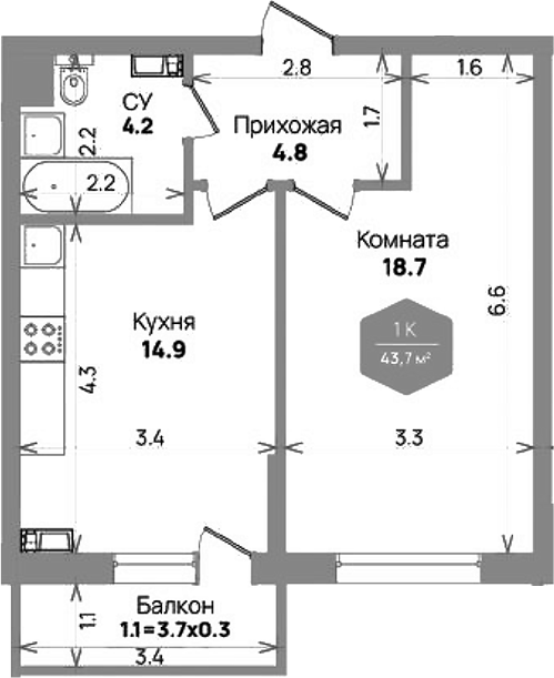 1-комн. Бауинвест