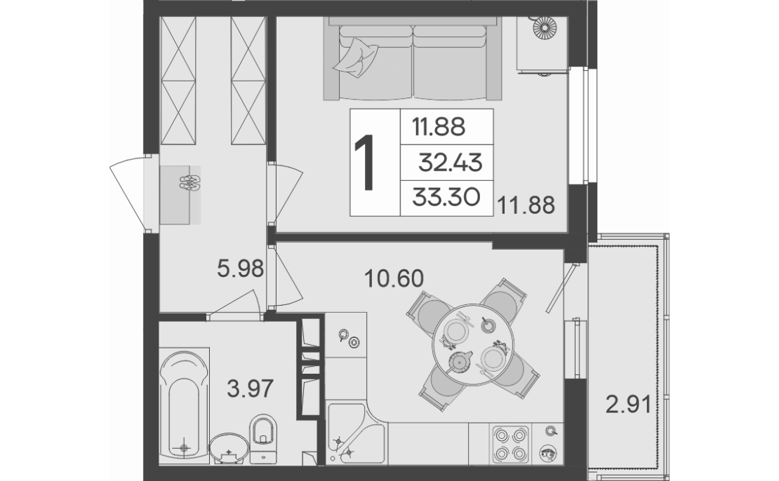 1-комн., 32.43 м², 6/9 этаж, ЖК «Дом 101»