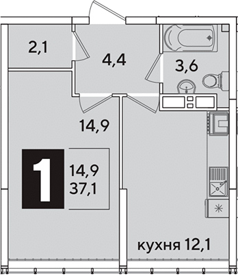 1-комн., 37.1 м², 15/16 этаж, ЖК «Самолет»